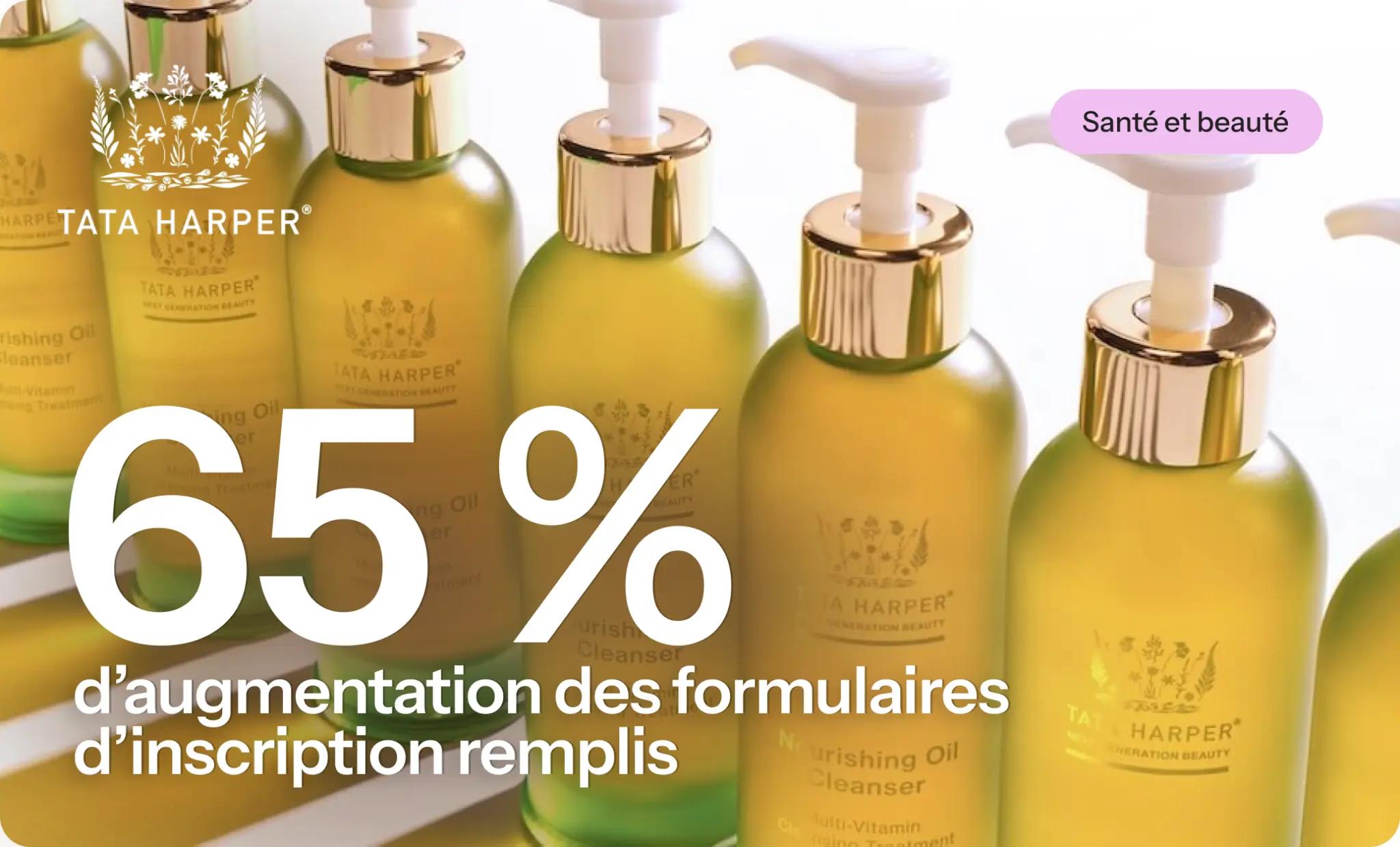 Bouteilles de nettoyant Tata Harper alignées, texte "65 % d'augmentation des formulaires d'inscription remplis", étiquette "Santé et beauté".