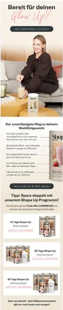 Frau sitzt auf einem Sofa und bereitet einen Shake zu. Text bietet 20% Rabatt auf Shape Republic Produkte und beschreibt Abnehmprogramme.