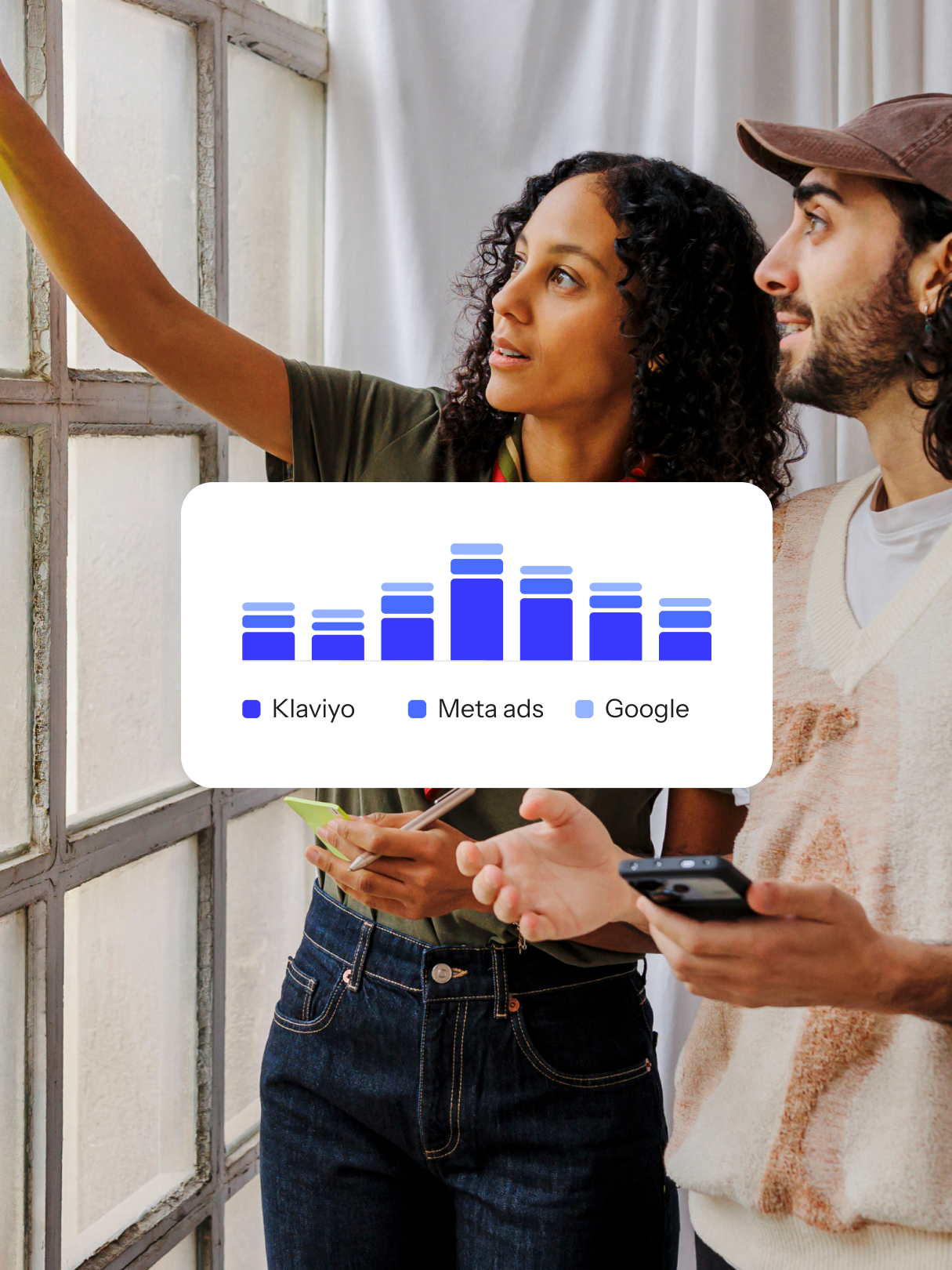 Two marketers collaborate beside a chart comparing Klaviyo, Meta ads, and Google.