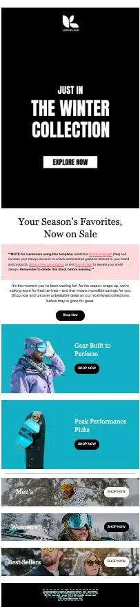 Winterkollektion-Werbung mit Texten wie "Just In: The Winter Collection" und "Your Season’s Favorites, Now on Sale". Enthält Bilder von Winterkleidung und Links zum Shoppen.