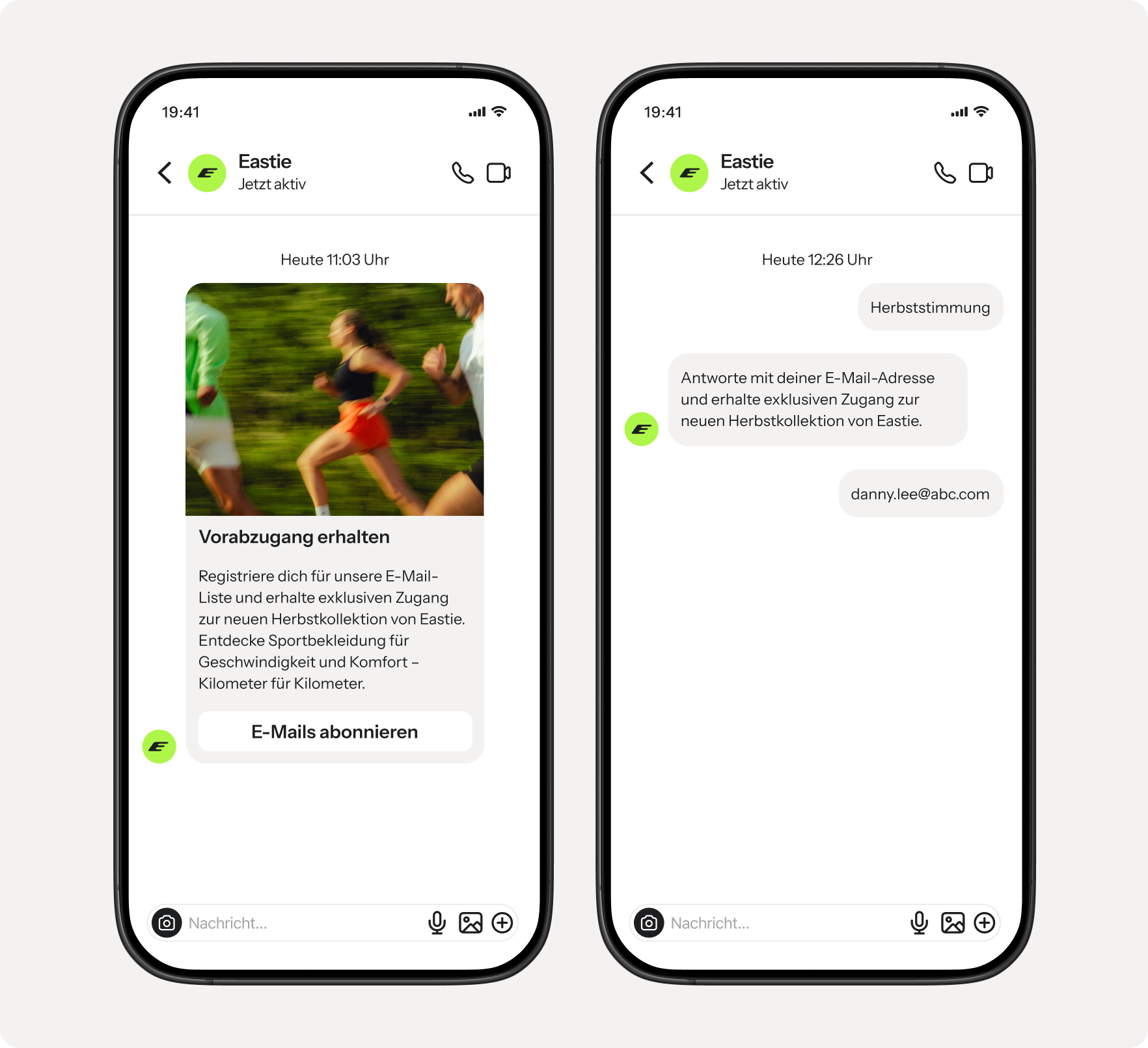 Two mobile phones display a messaging app for "Eastie," promoting early access to a new autumn collection through email subscription, with one screen showing a user submitting their email address.