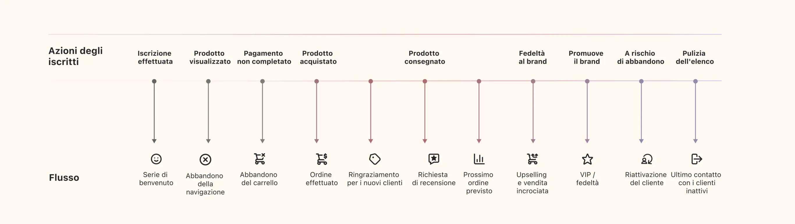 Diagramma di flusso delle azioni degli iscritti, dalla "Iscrizione effettuata" alla "Pulizia dell'elenco", con icone descrittive.