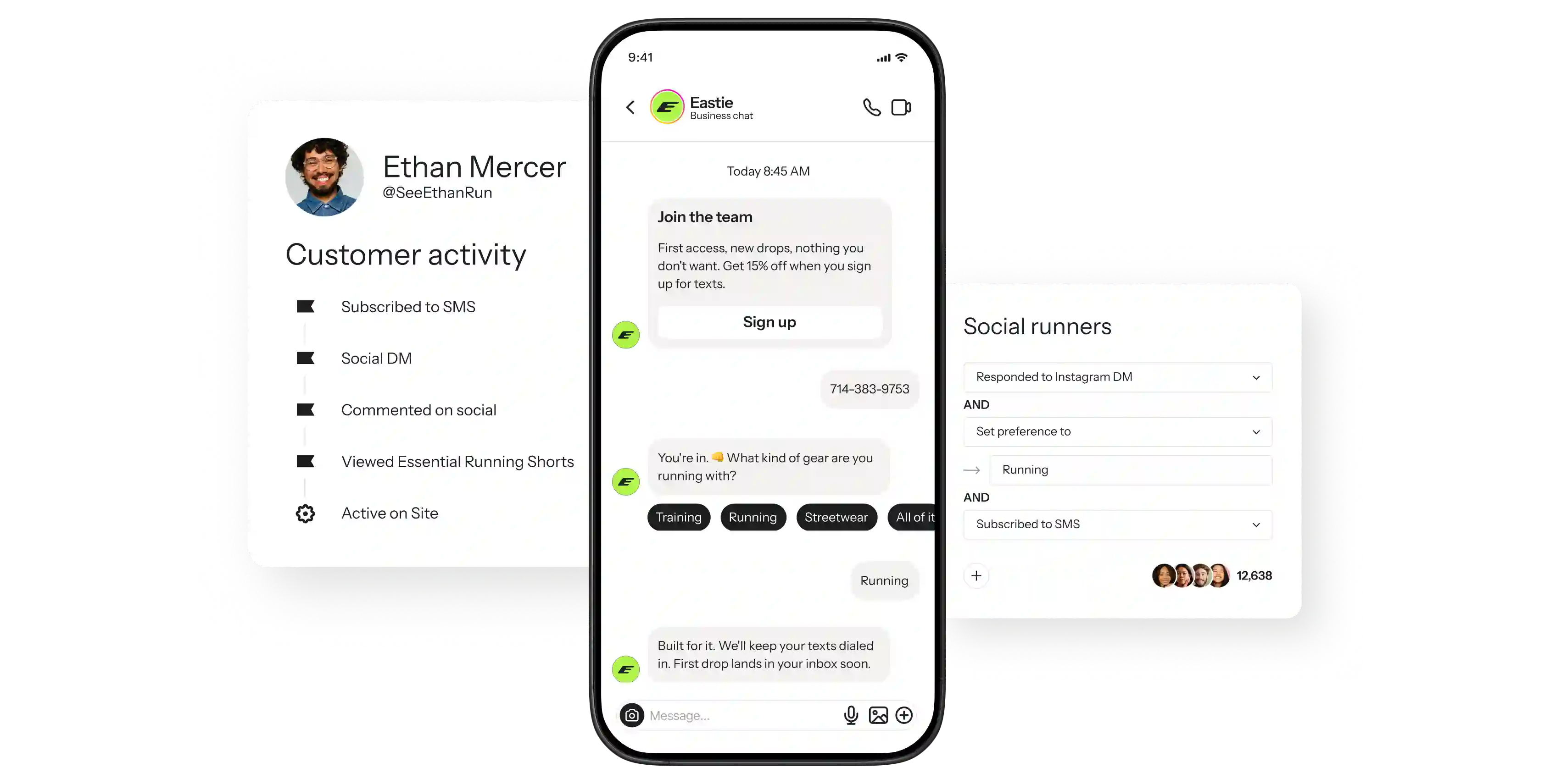 Mobile business chat flanked by customer activity and social audience segmentation panels.