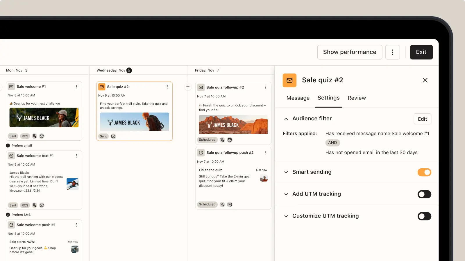 Dashboard showing scheduled marketing messages for "James Black" with settings for audience filters, smart sending, and UTM tracking.