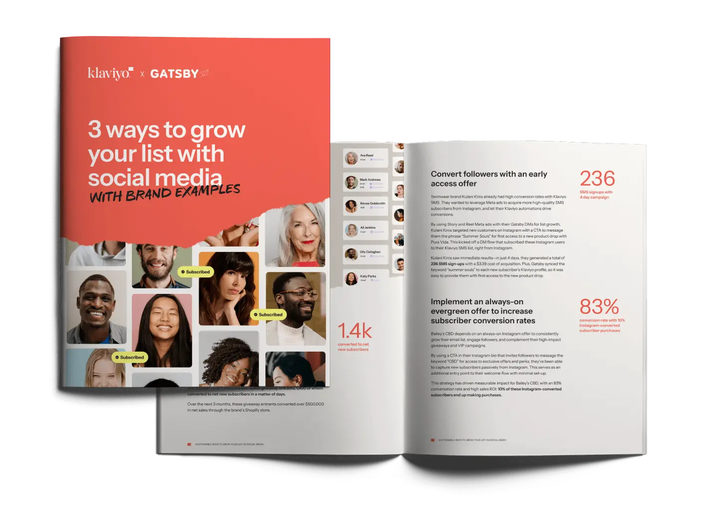 An open marketing guide by Klaviyo and Gatsby titled '3 ways to grow your list with social media,' featuring diverse faces on the cover and statistics and text inside.