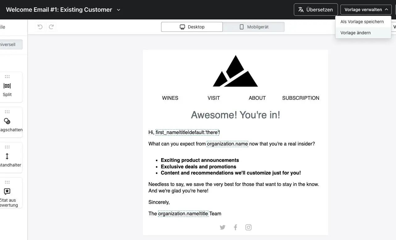 Willkommens-E-Mail-Vorlage mit Begrüßung, Vorteilen für Insider und Kontaktinformationen. Enthält Platzhaltertexte.