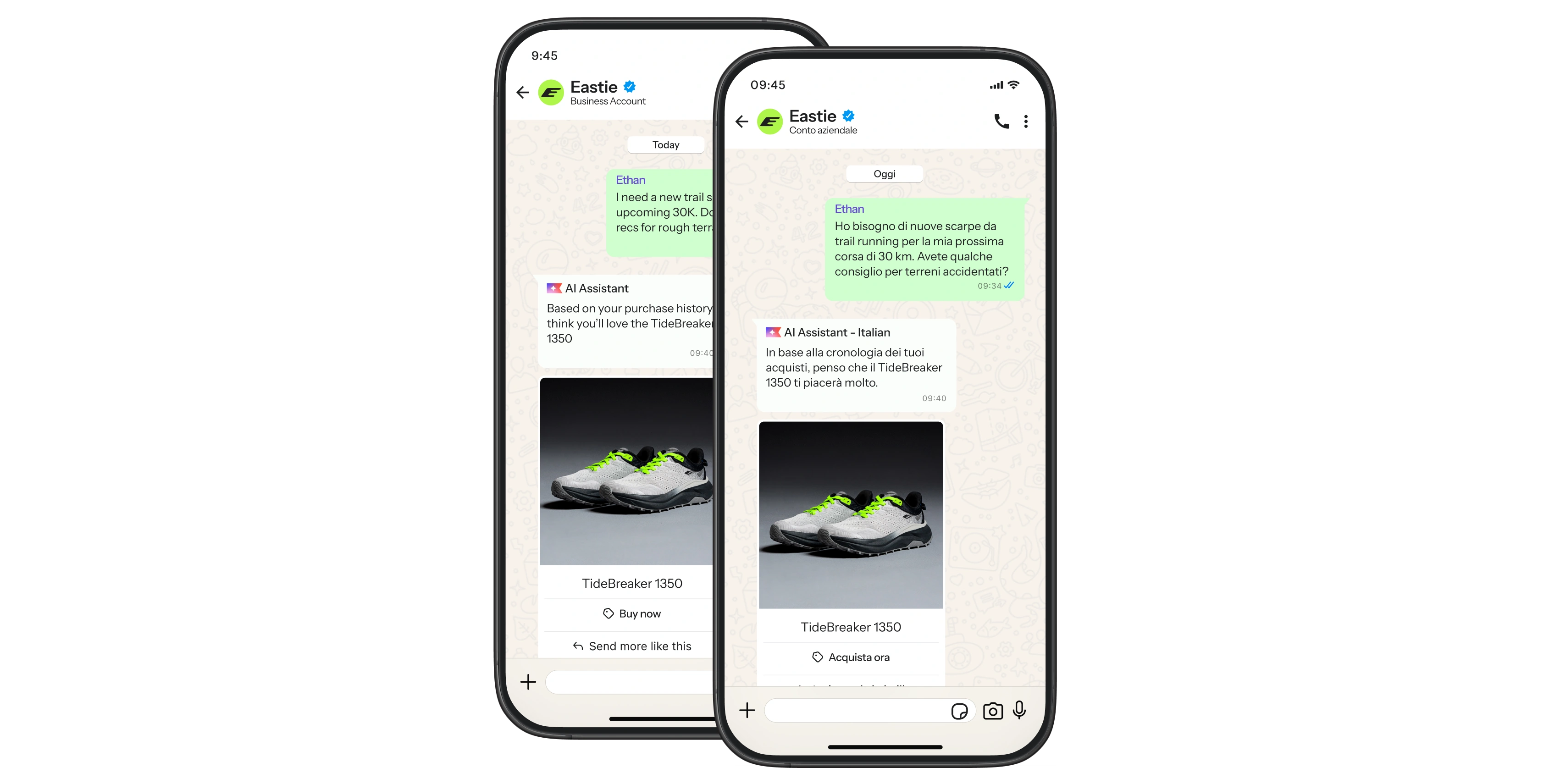 Two smartphones show an Eastie WhatsApp chat with an AI assistant recommending running shoes in English and Italian.