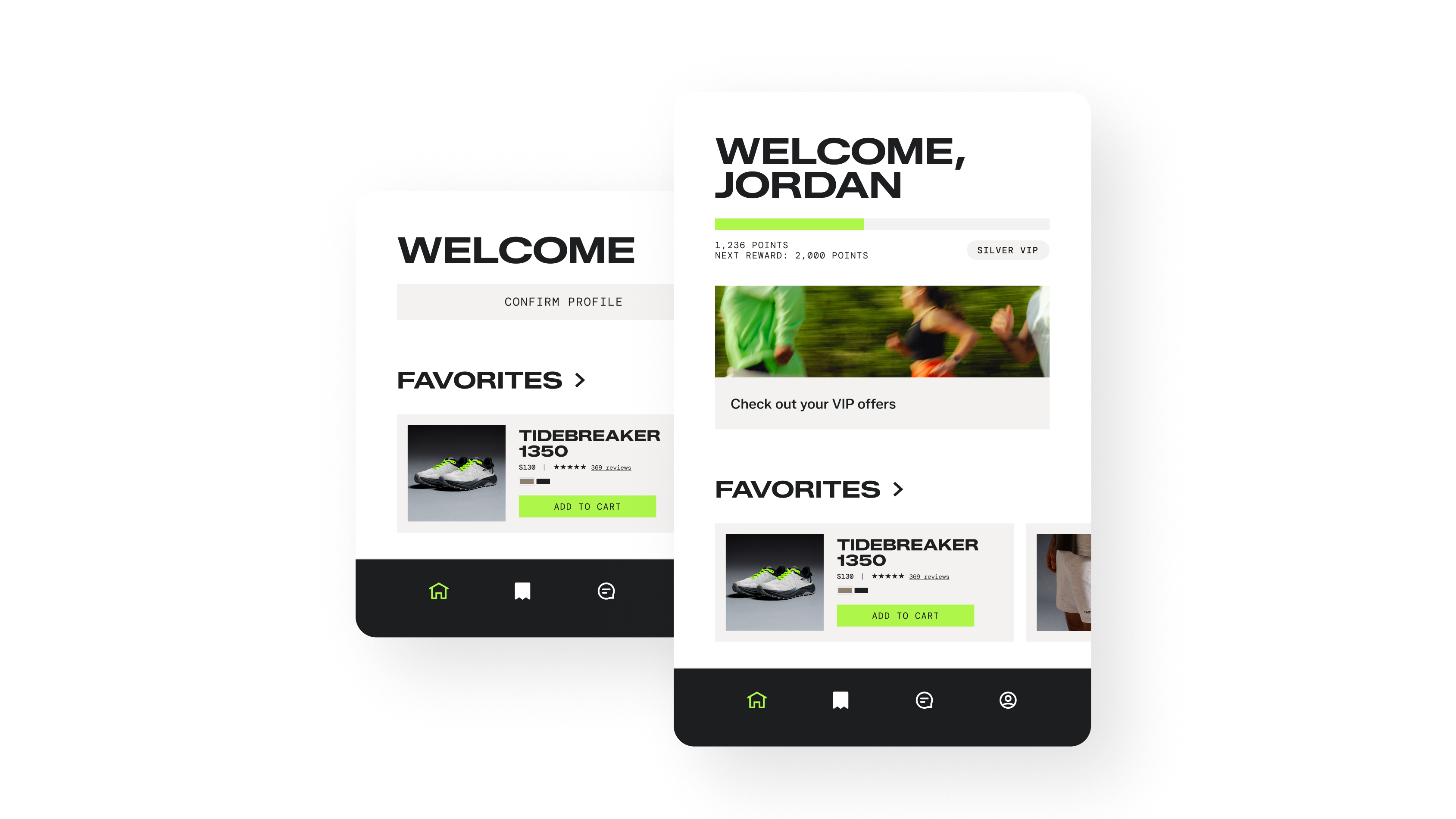 Two mobile shopping app screens show Jordan's VIP rewards, favorites, and a Tidebreaker 1350 shoe.