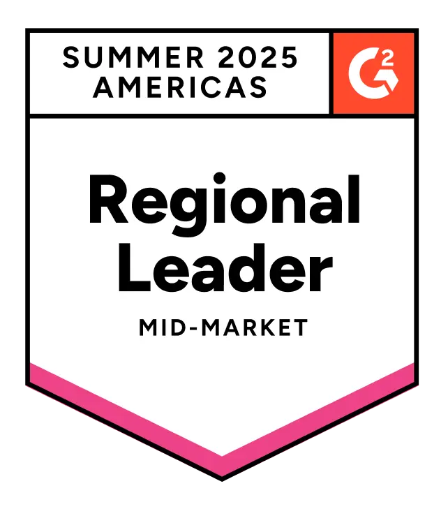 G2 badge for "Summer 2025 Americas Regional Leader Mid-Market" with G2 logo.