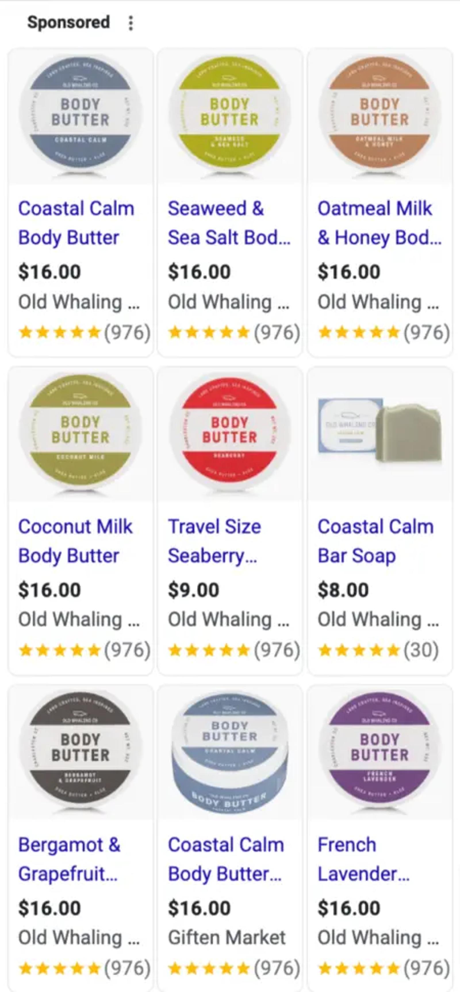 Image shows an array of body butters from Old Whaling Company. It’s a Google ad that lists out 9 products including prices, starred reviews, and how many reviews each one has.