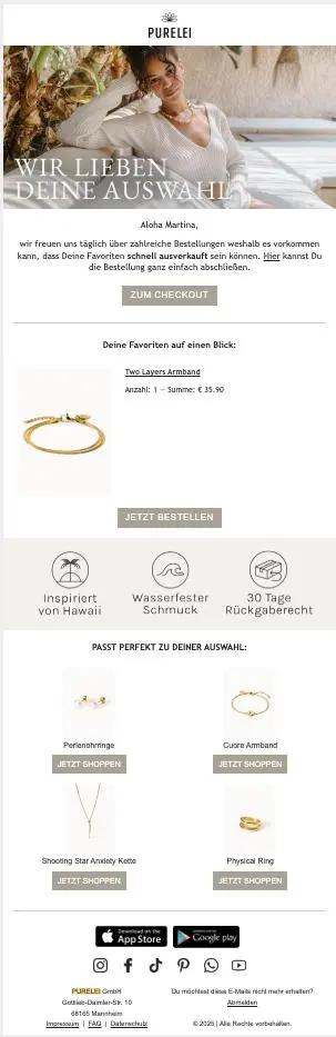 E-Mail von Purelei mit Schmuckangeboten, darunter ein Armband für 35,90 €. Optionen zum Bestellen und Shoppen weiterer Artikel.