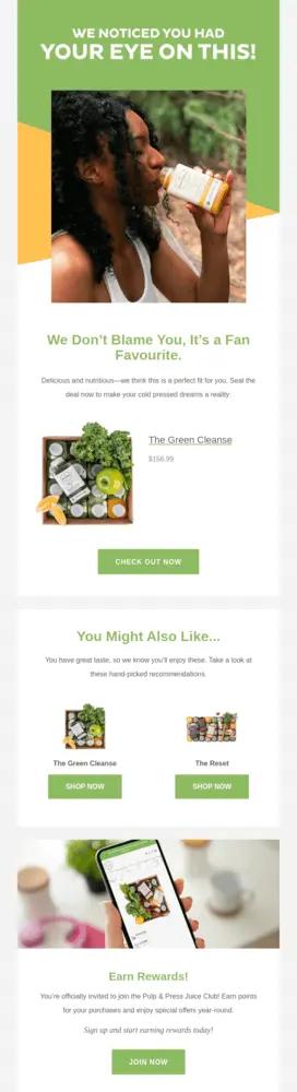 Image shows a dark-skinned person with dark hair drinking from an orange bottle. Underneath is an image of a box of green vegetables, which is the image of the product that was abandoned by the recipient. A green CTA says, “Check out now.”