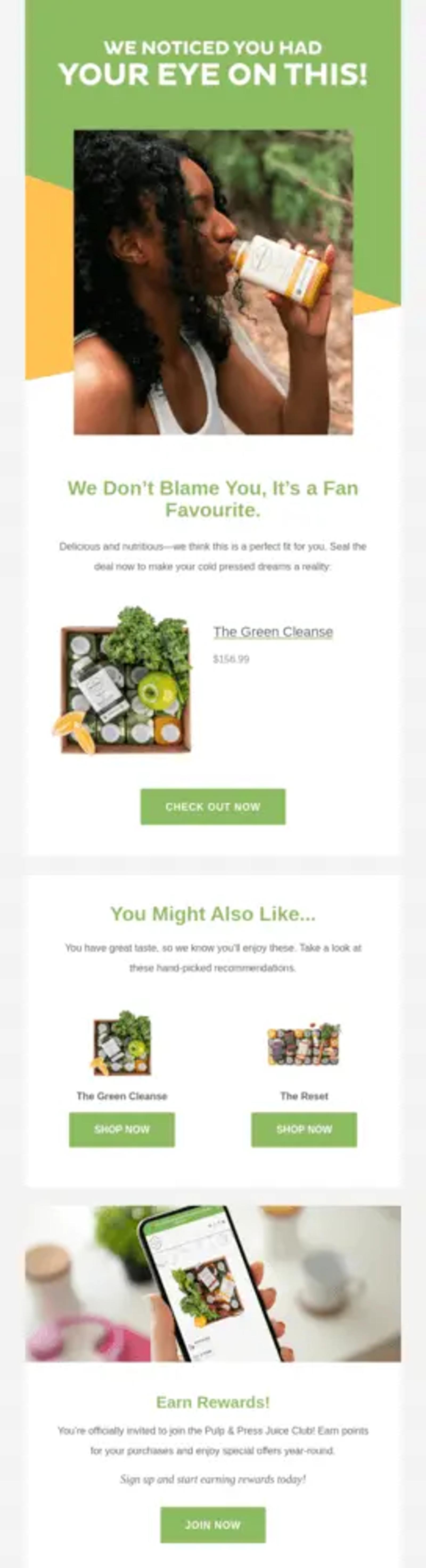 Image shows a dark-skinned person with dark hair drinking from an orange bottle. Underneath is an image of a box of green vegetables, which is the image of the product that was abandoned by the recipient. A green CTA says, “Check out now.”