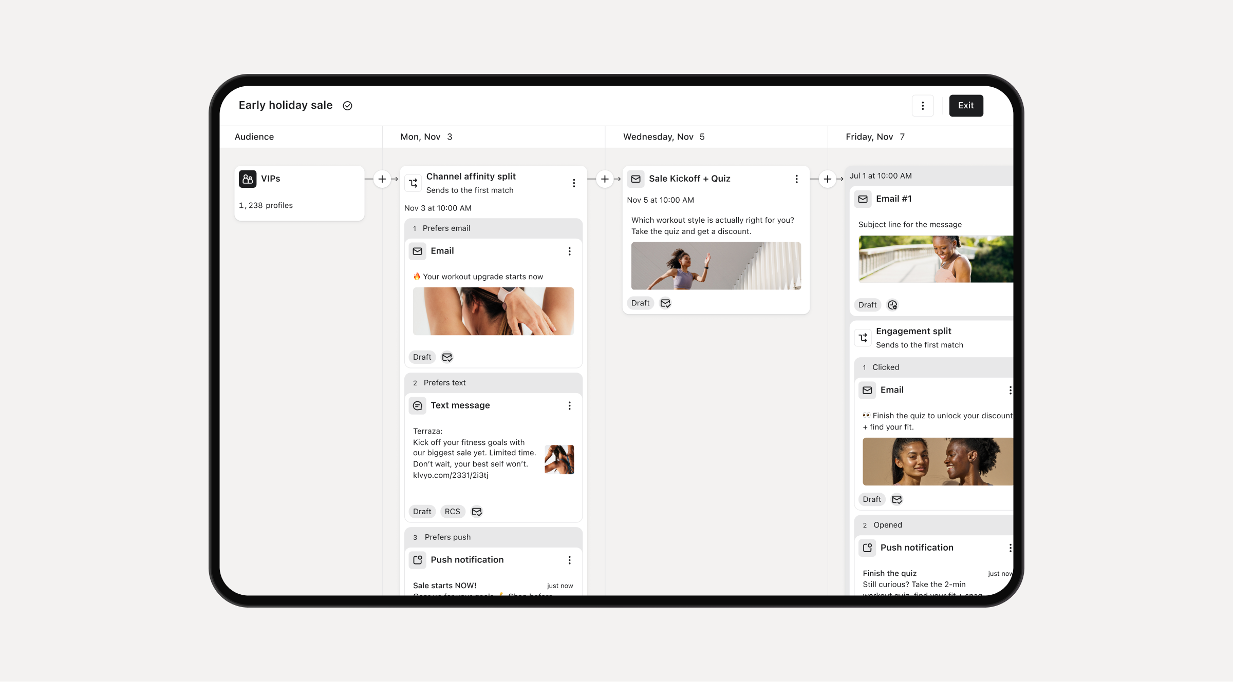 A multi-column digital dashboard displays an "Early holiday sale" marketing campaign, featuring scheduled emails, text messages, and push notifications with embedded photos, organized by date.