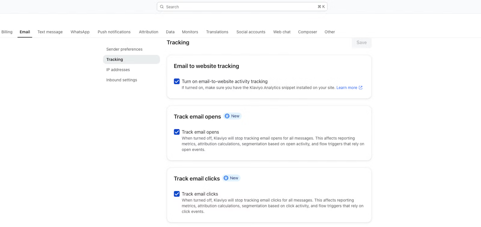 Email tracking settings page with enabled options for website activity, email opens, and email clicks.