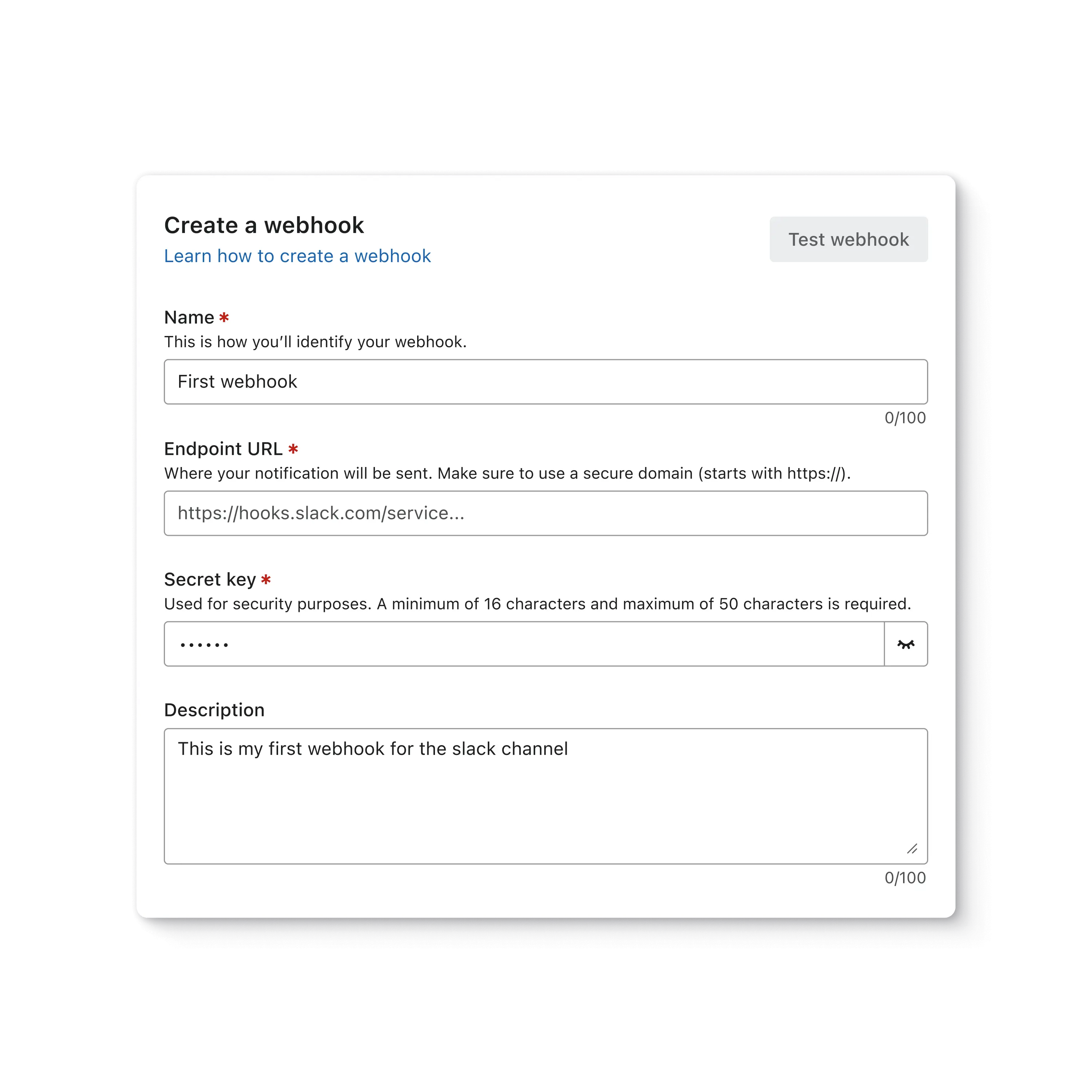 Klaviyo screen for creating a webhook. Fields for webhook name, endpoint URL, security key, and description. Button to test webhook.