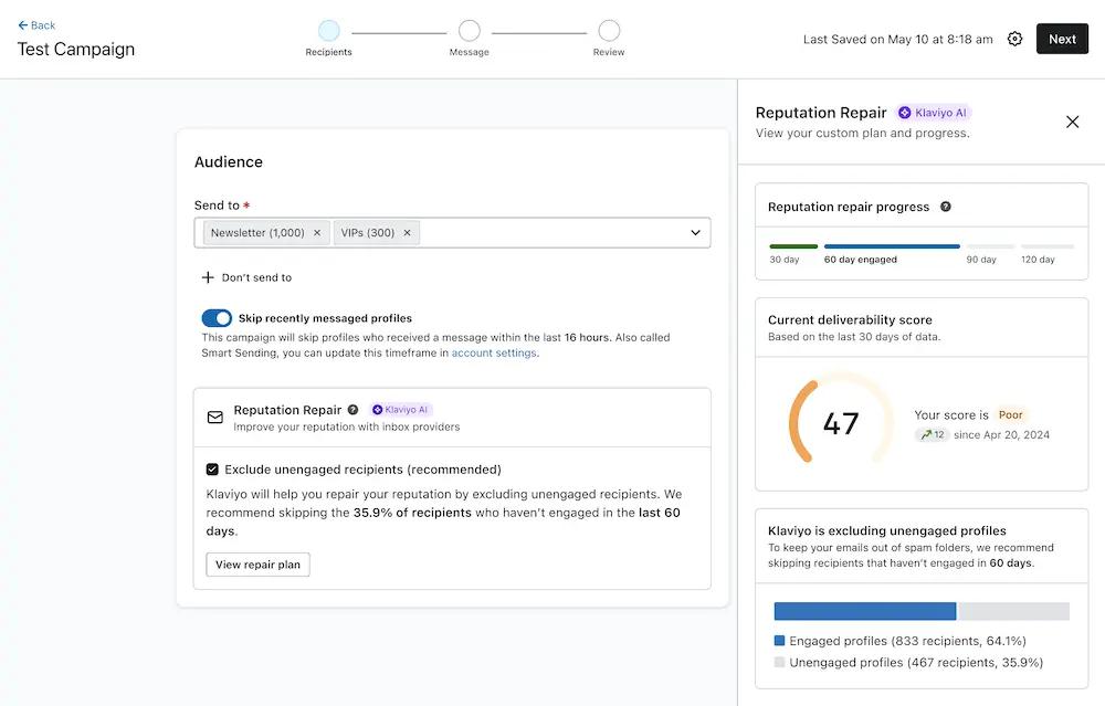 Image shows the reputation repair dashboard in Klaviyo, with the box checked for “exclude unengaged recipients.” The description below reads, “Klaviyo will help you repair your reputation by excluding unengaged recipients. We recommend skipping the 35.9% of recipients who haven’t engaged in the last 60 days.” A progress bar at the bottom shows that the process is 10% complete. On the right are a deliverability score and percentage of unengaged profiles