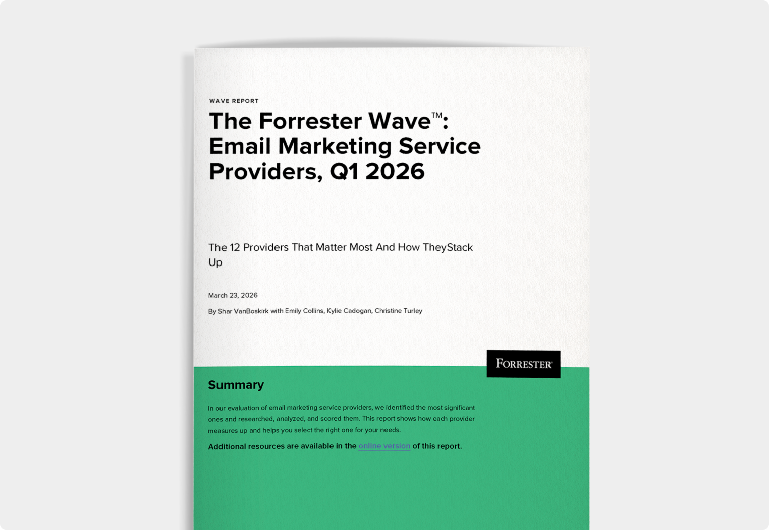 Front cover of a "Forrester Wave™" report titled "Email Marketing Service Providers, Q1 2026. Below the title, it says "The 12 Providers That Matter Most And How They Stack Up."