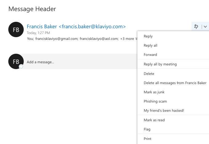 An email screenshot showing a message header details, including sender name and email address, recipients, and date