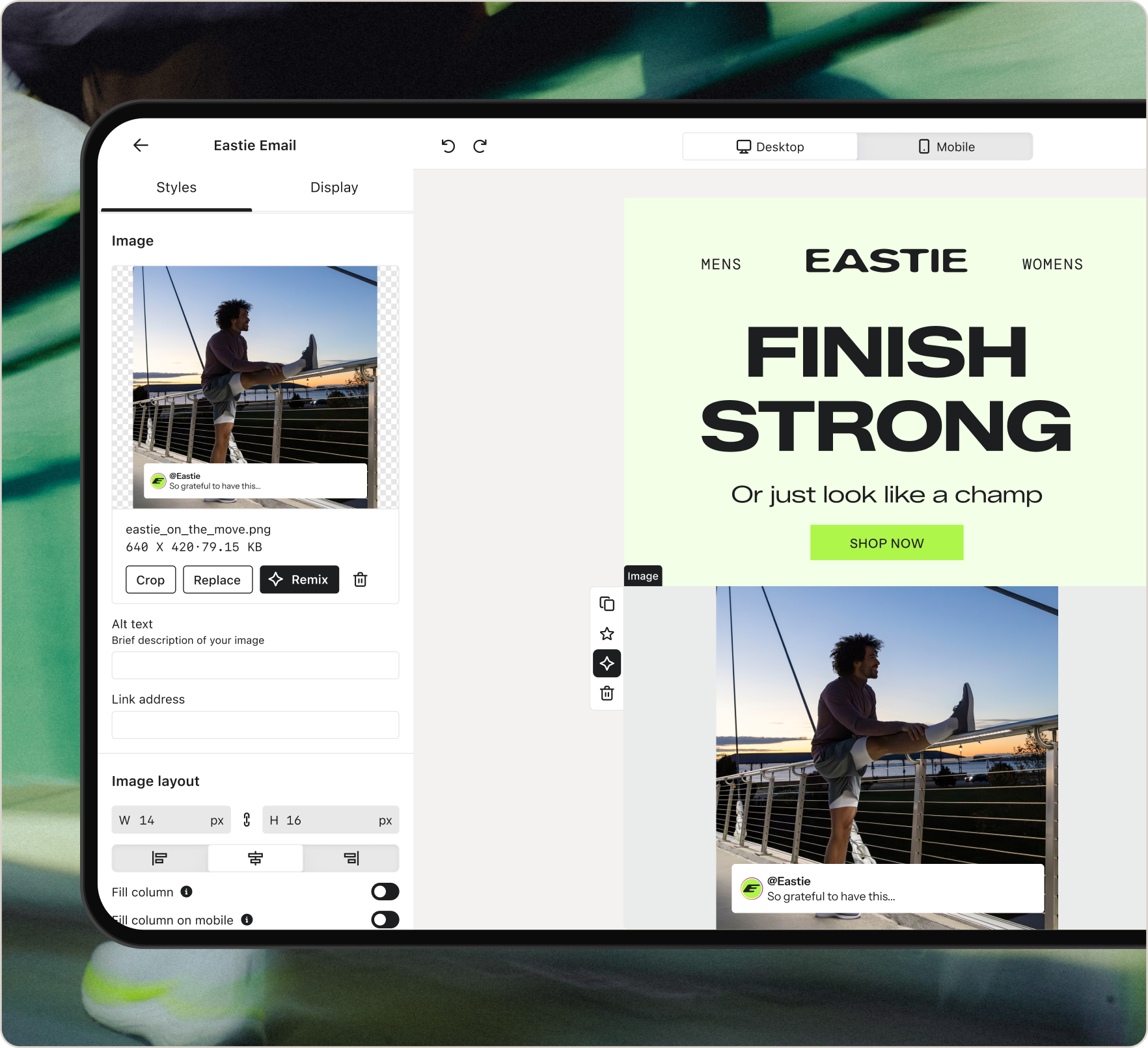 Email editor showing a preview of an Eastie ad and an image of a man stretching.