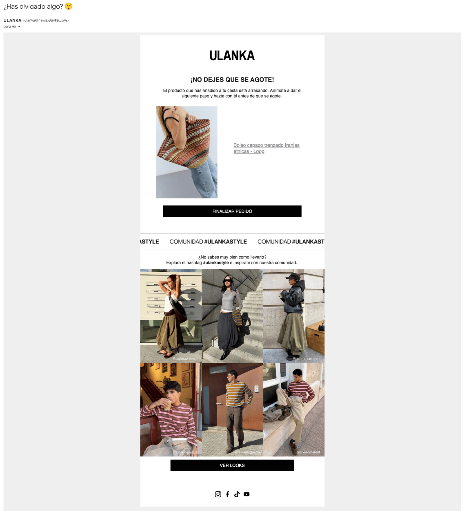 Captura de un email de recuperación de carrito abandonado de ULANKA, con un bolso capazo trenzado guardado en el carrito y fotos de estilos de la comunidad de la marca.
