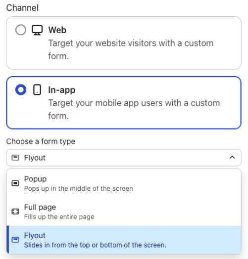 UI showing "In-app" channel selected and "Flyout" selected as the form type.