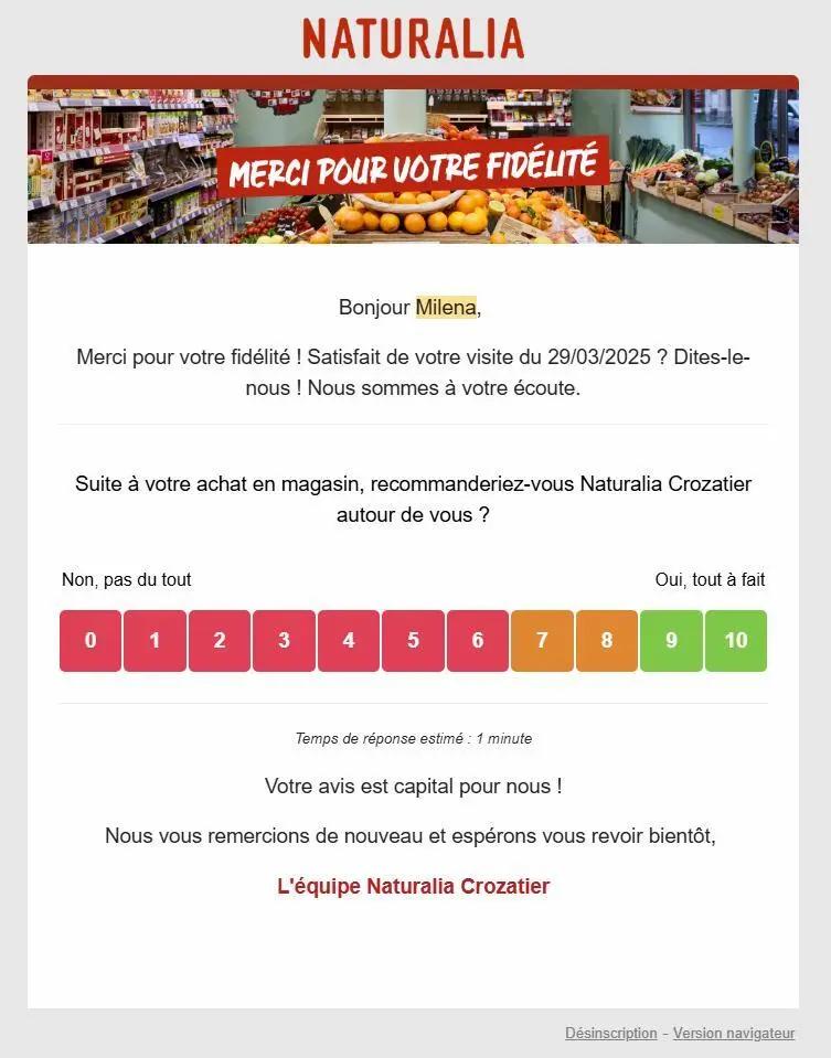 Capture d’écran de l’e-mail Naturalia demandant aux clients d’évaluer leur visite en magasin de 0 à 10.