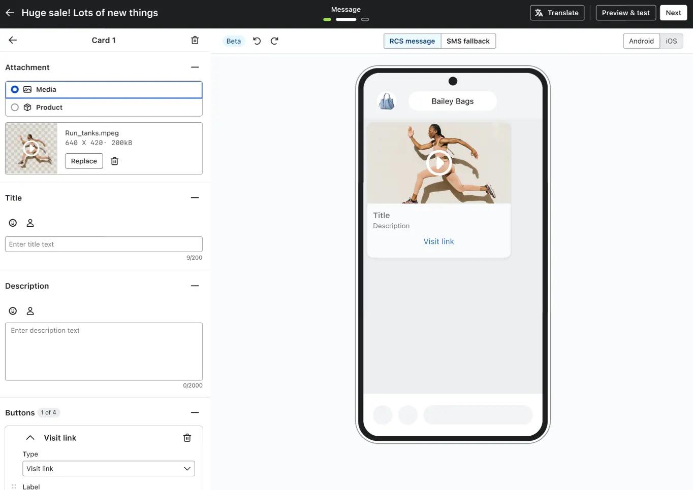 Mobile screen displaying a video thumbnail of a person running, labeled "Bailey Bags," with options for title, description, and link.