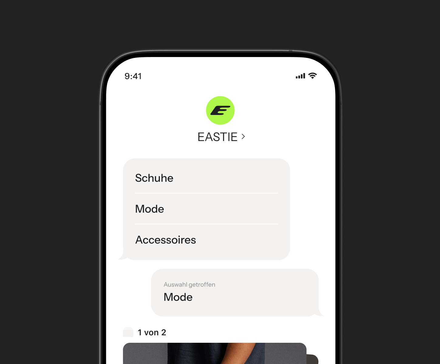 A phone screen showing an RCS message from EASTIE with three tappable category options — Footwear, Apparel, and Accessories. The customer has selected "Apparel," shown as a confirmed reply below the carousel.