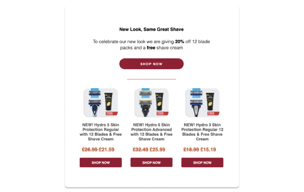 Screenshot di una campagna e-mail di Wilkinson Sword