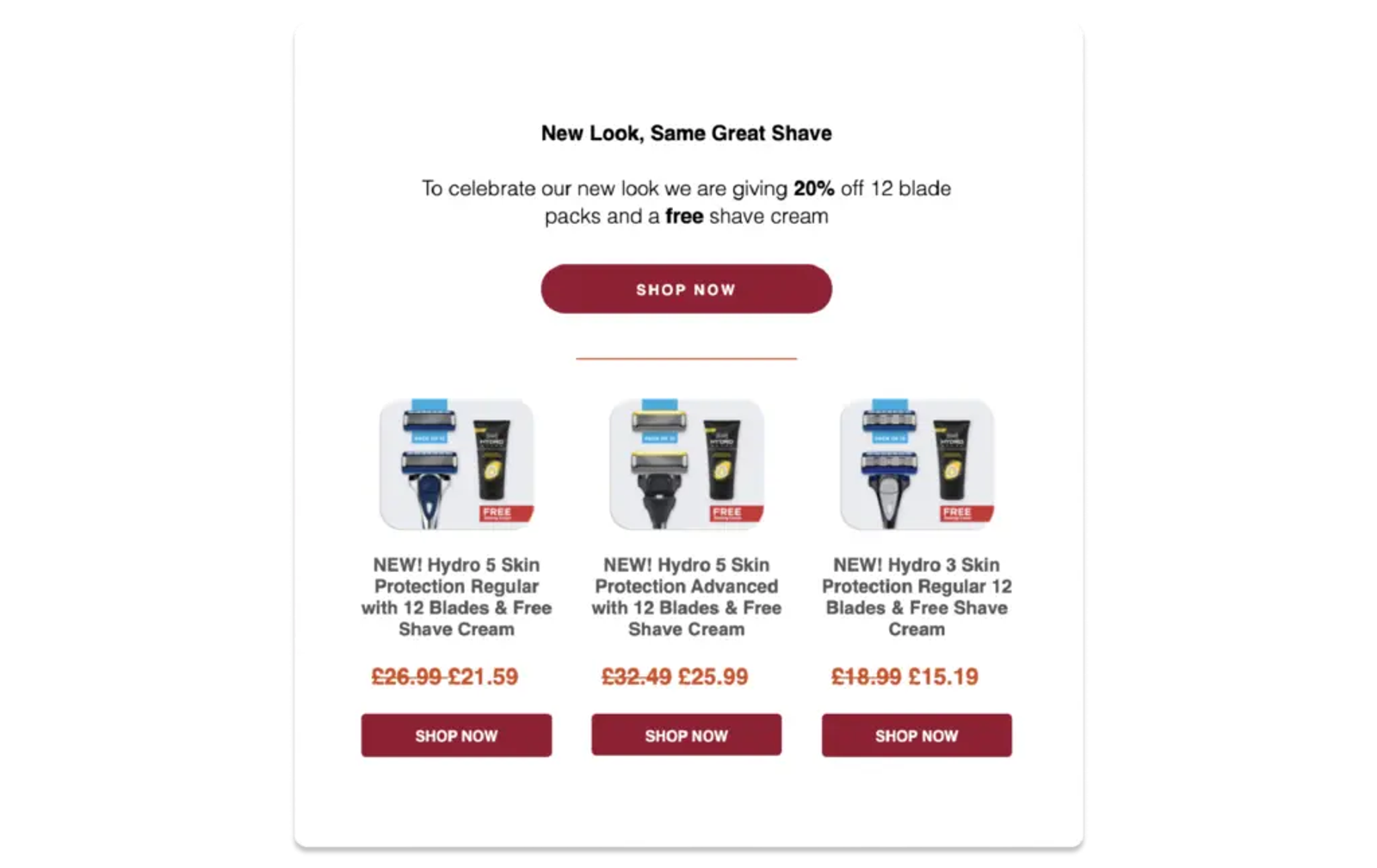 Screenshot di una campagna e-mail di Wilkinson Sword