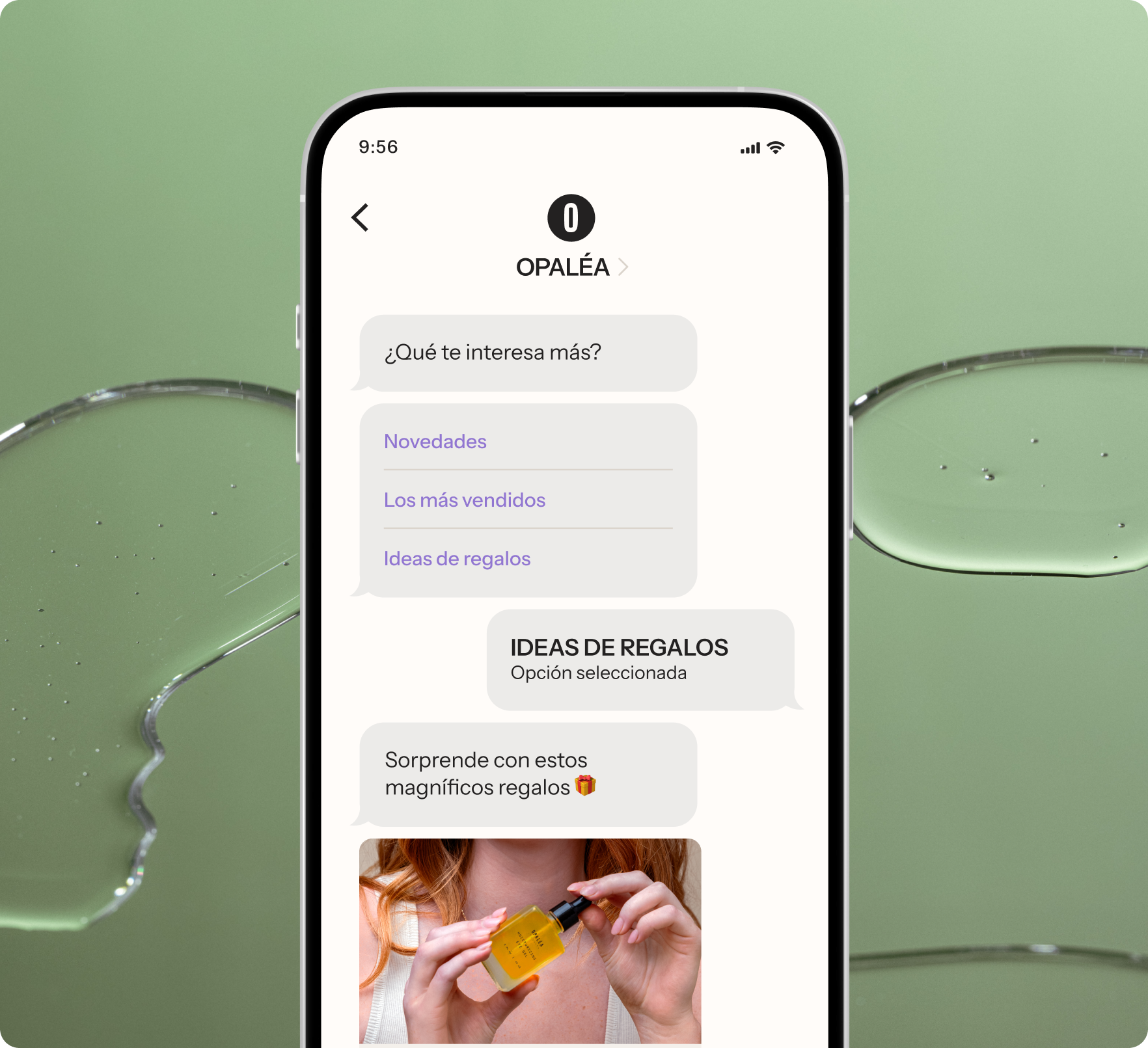 Smartphone displaying an OPALÉA chat with "Gift ideas" selected and a product photo, against a green background with clear liquid.