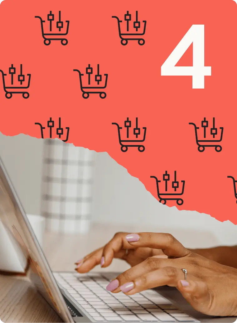 Hands typing on a laptop with a red overlay featuring shopping cart icons and the number 4.