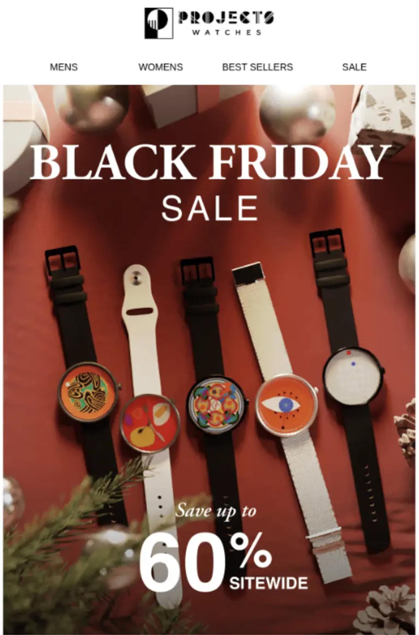 Black Friday sale advertisement for Projects Watches, featuring five colourful watches. Text: "Save up to 60% sitewide".
