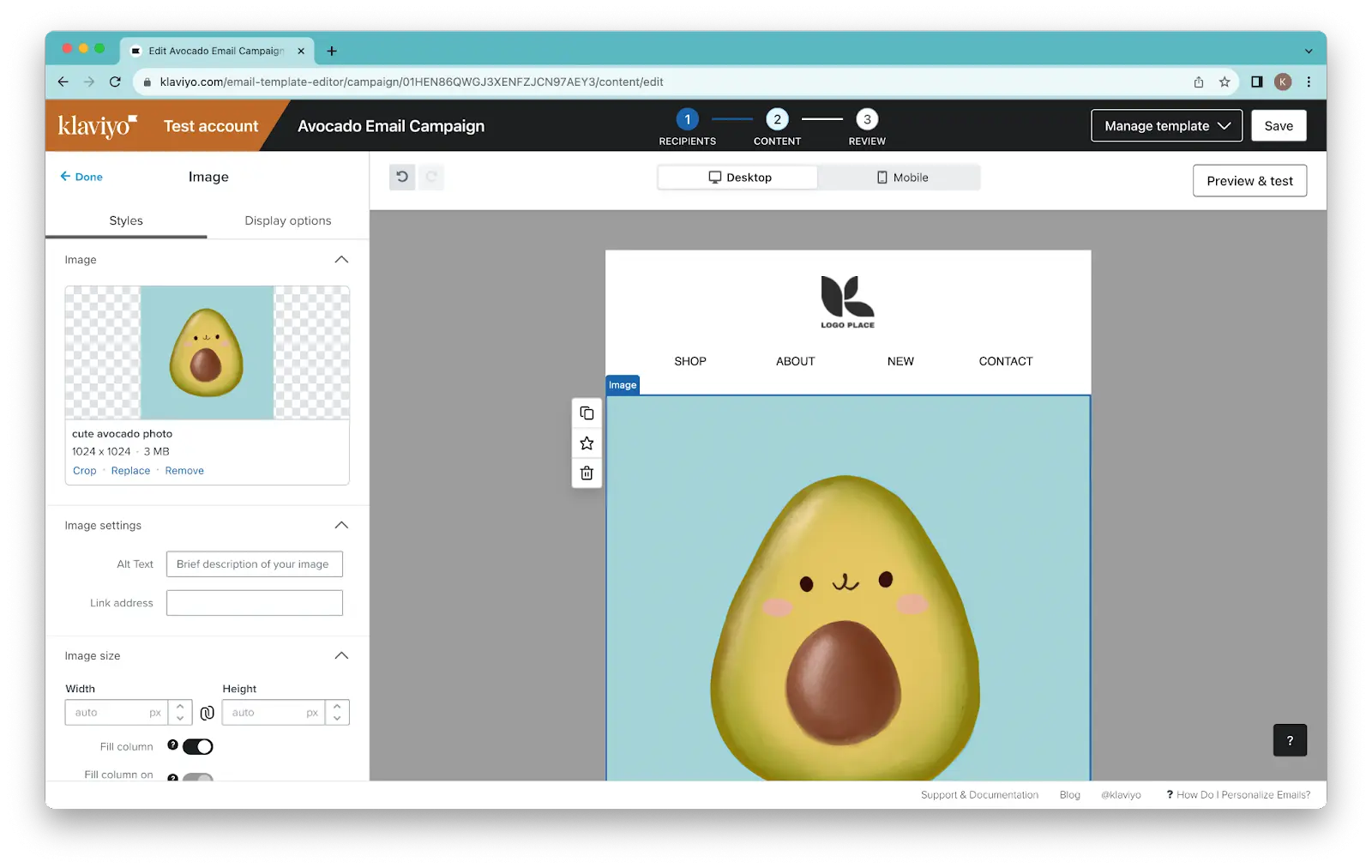 Avocado image in a Klaviyo campaign message