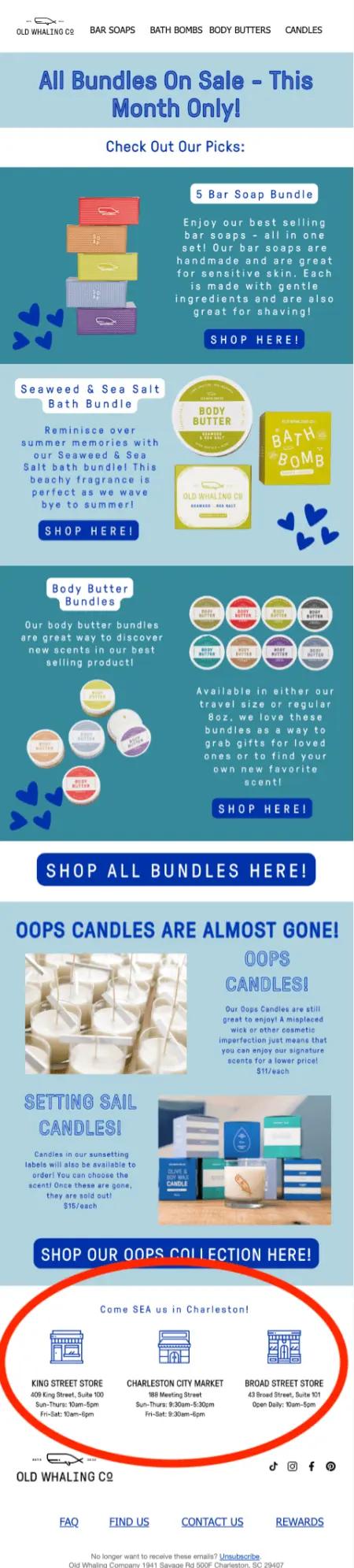 Image shows a marketing email from Old Whaling Company that invites the subscriber to visit the physical stores. It includes addresses.
