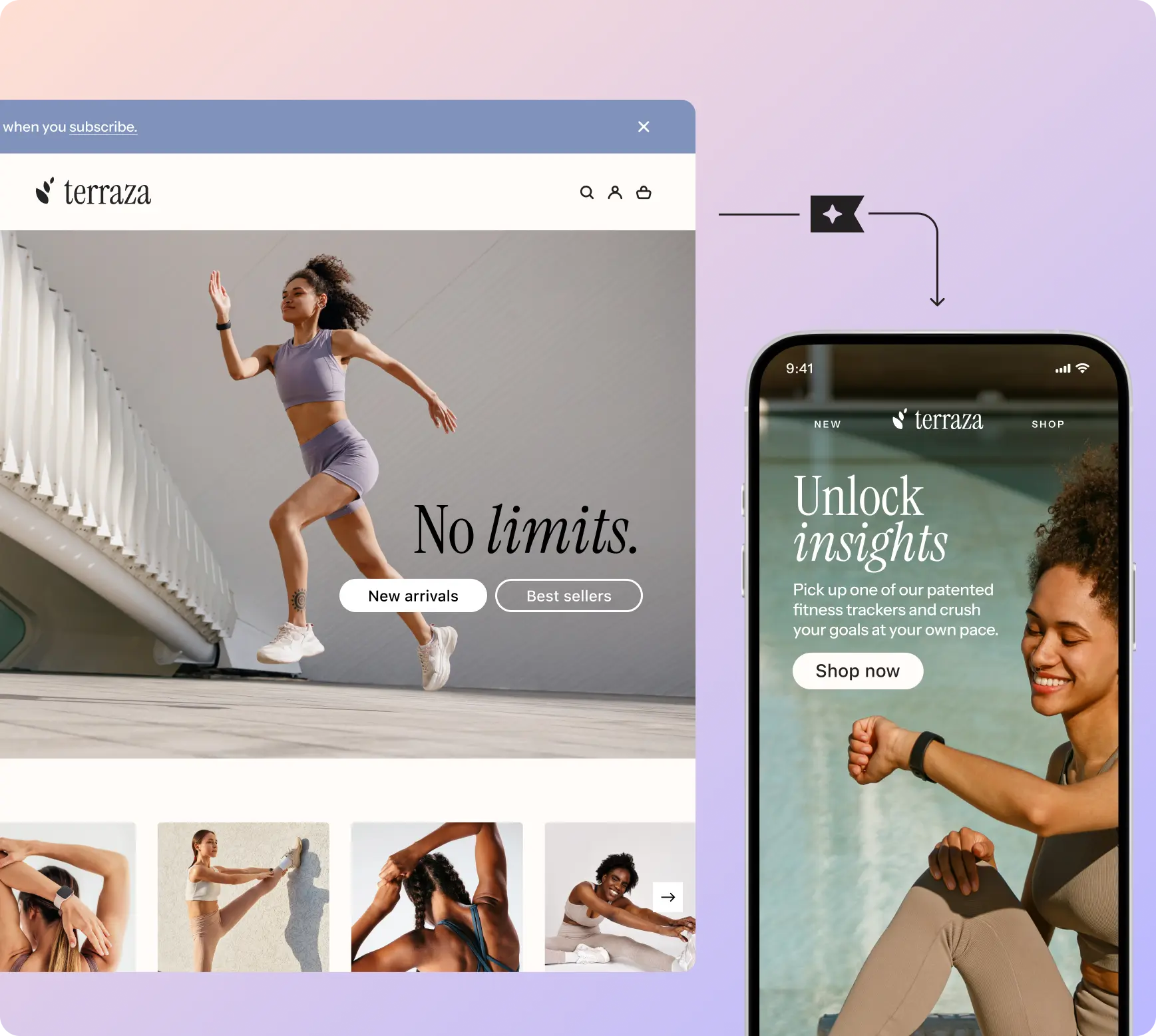 Website and mobile interface for "terraza" featuring a woman running and another stretching, with text promoting new arrivals and insights.