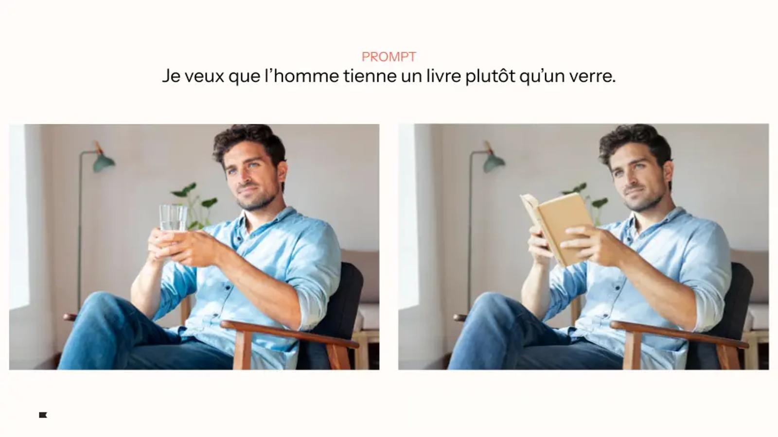 Deux images d'un homme assis. À gauche, il tient un verre. À droite, il tient un livre. Texte : "Je veux que l’homme tienne un livre plutôt qu’un verre.