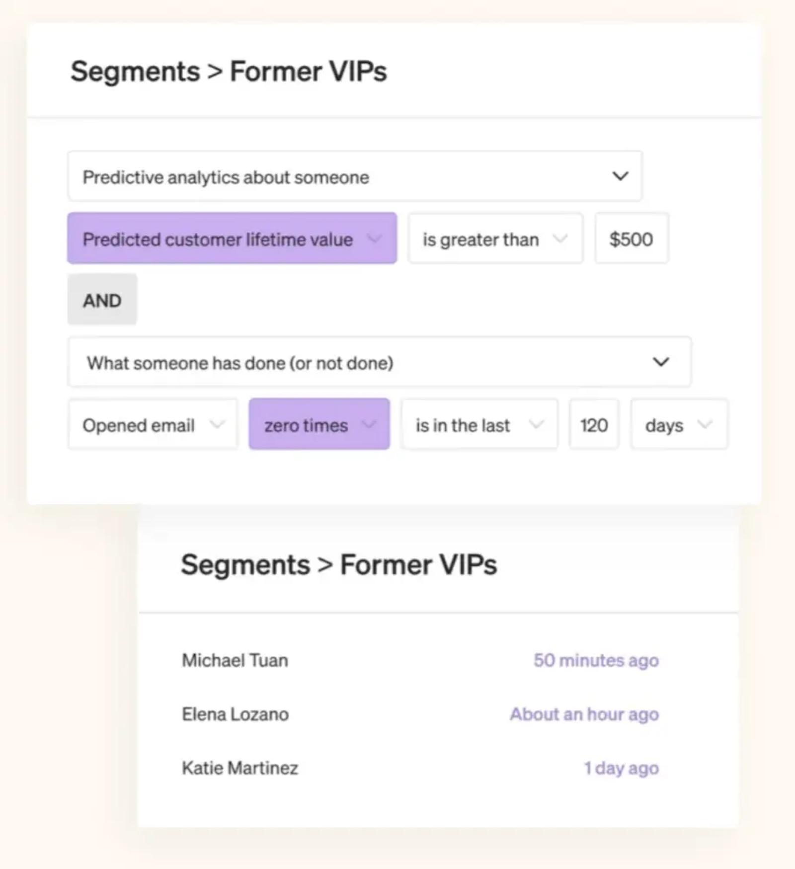 Image shows an example of a segment to target with a win-back automation: former VIPs. The segment consists of customers with a predicted customer lifetime value (CLTV) greater than $500 who have opened an email zero times in the last 120 days.
