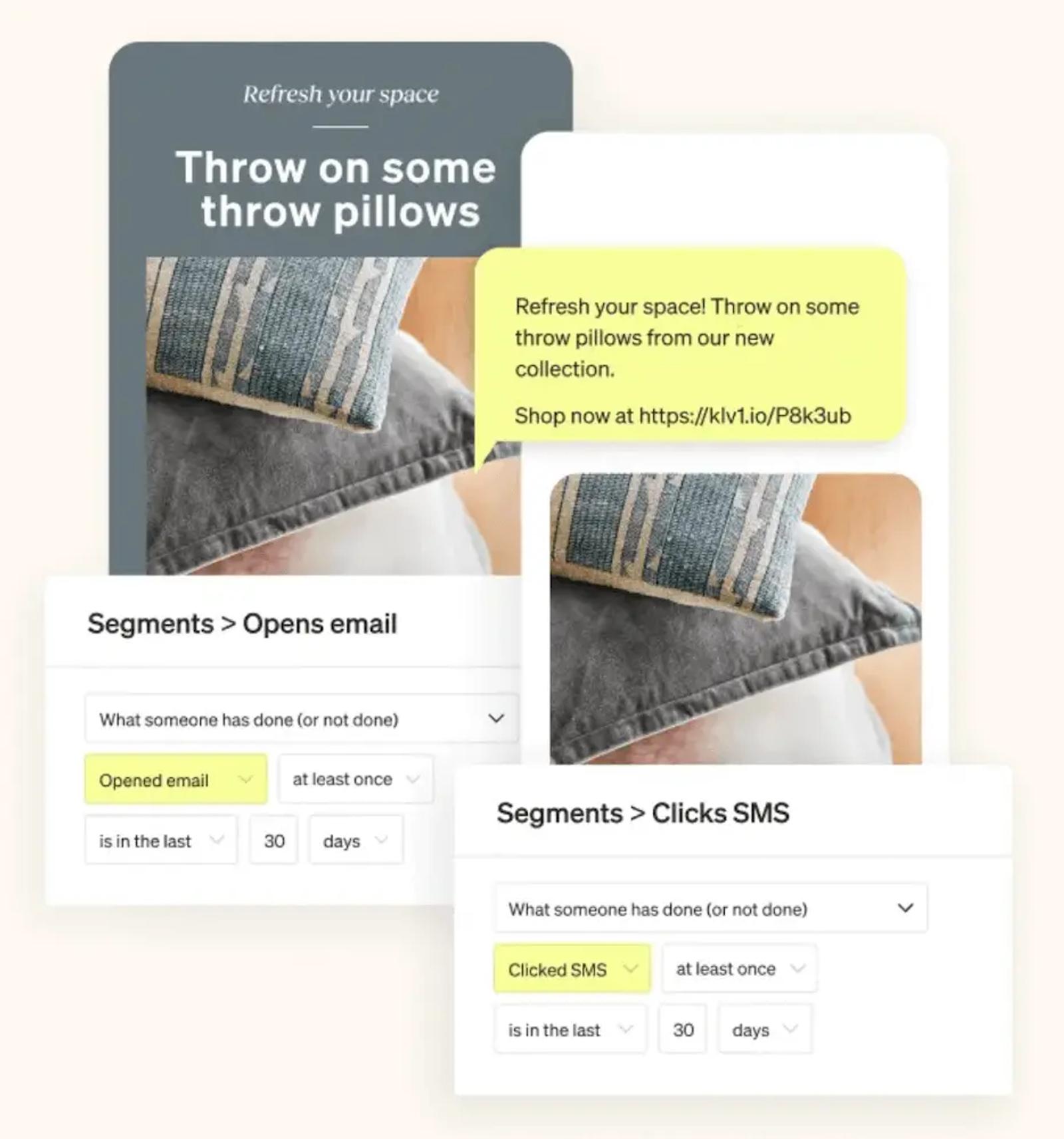 Image shows an example of a flow with both an email and SMS version. The email version is sent to a segment of subscribers who have opened an email at least once in the last 30 days, while the text is sent to a segment of subscribers who have clicked an SMS at least once in the last 30 days.