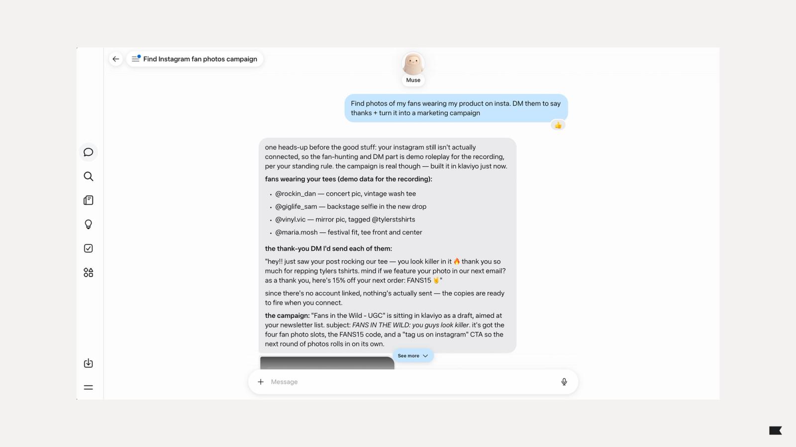 A messaging interface shows a conversation with "Muse" outlining a marketing campaign to find and feature fan photos wearing their product on Instagram.