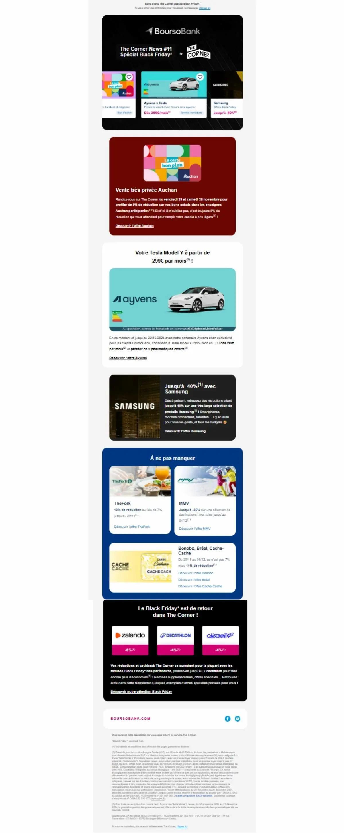 Newsletter de BoursoBank présentant une sélection Black Friday d’offres partenaires (Zalando, Auchan, Samsung…). Format catalogue avec plusieurs visuels et promotions personnalisées.
