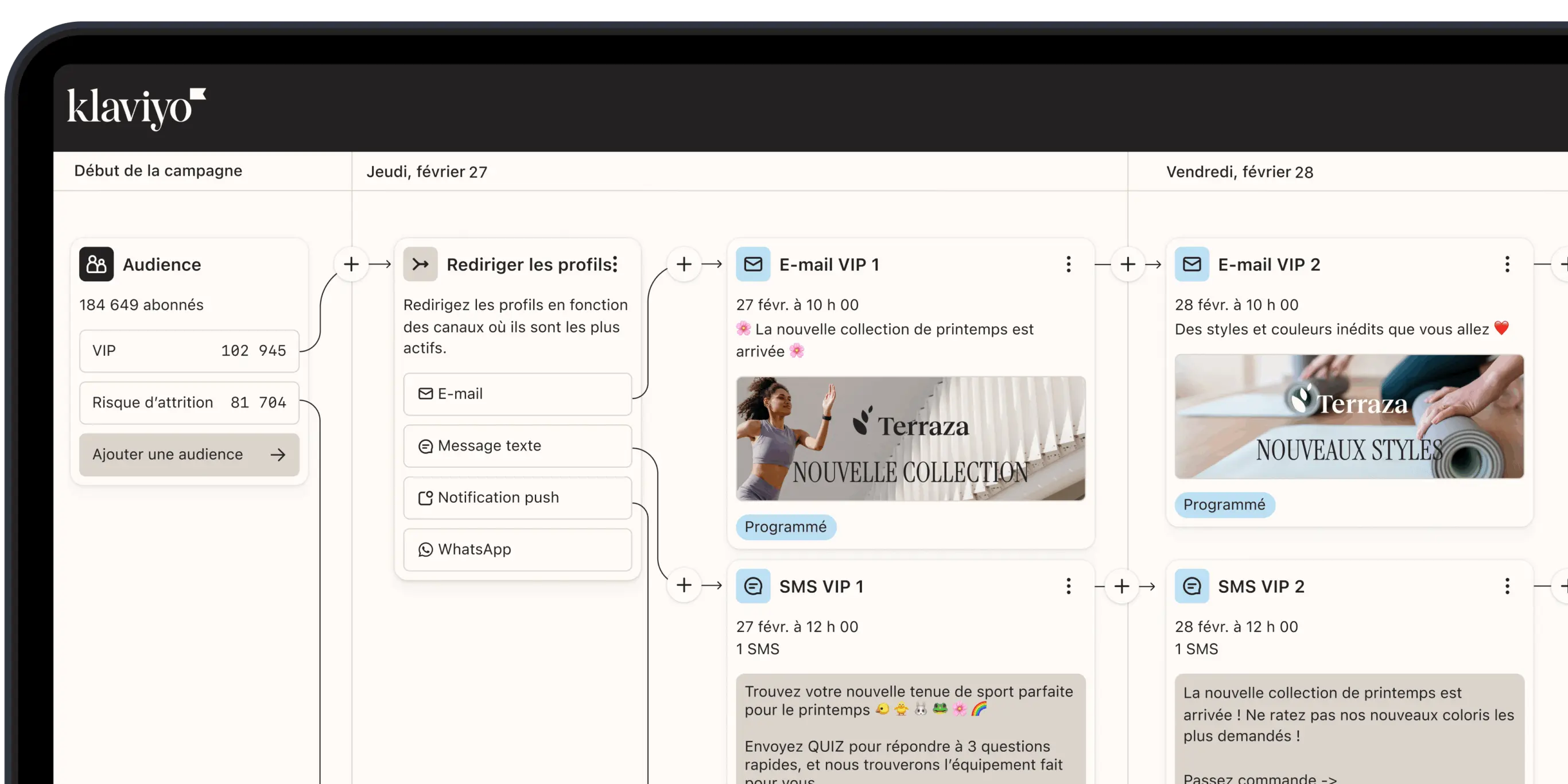 Interface Klaviyo montrant une campagne marketing avec des e-mails et SMS programmés pour les 27 et 28 février.
