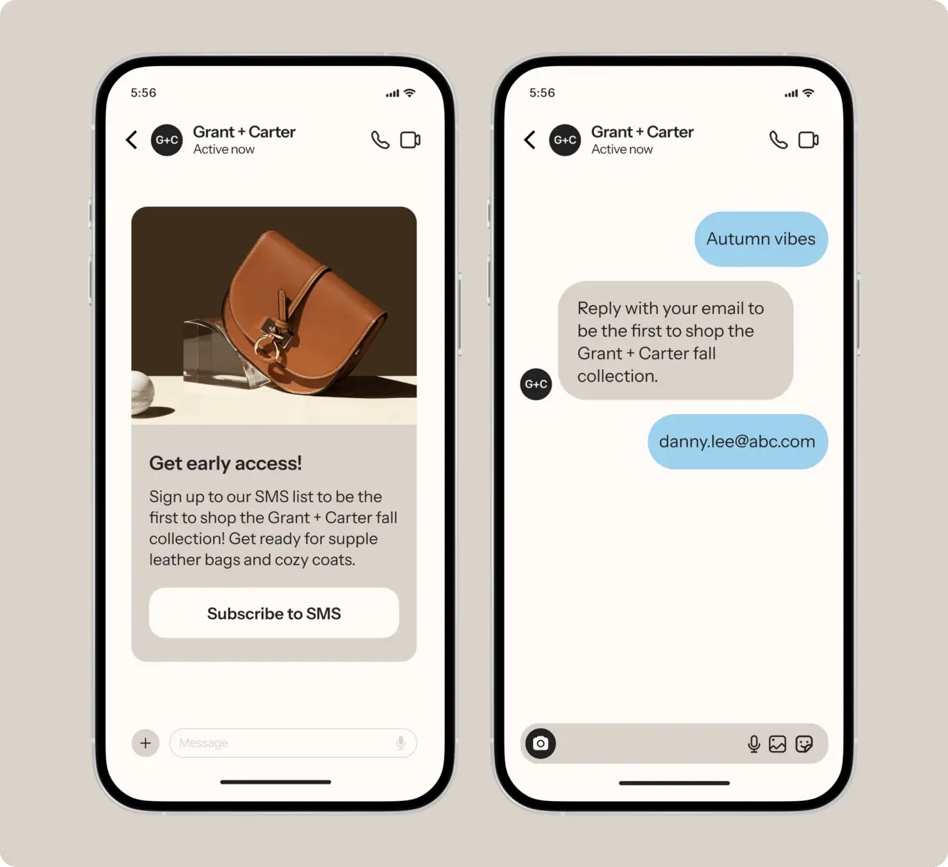 Two smartphones displaying messages from Grant + Carter. Left: SMS subscription prompt with an image of a leather bag. Right: Chat with email entry.