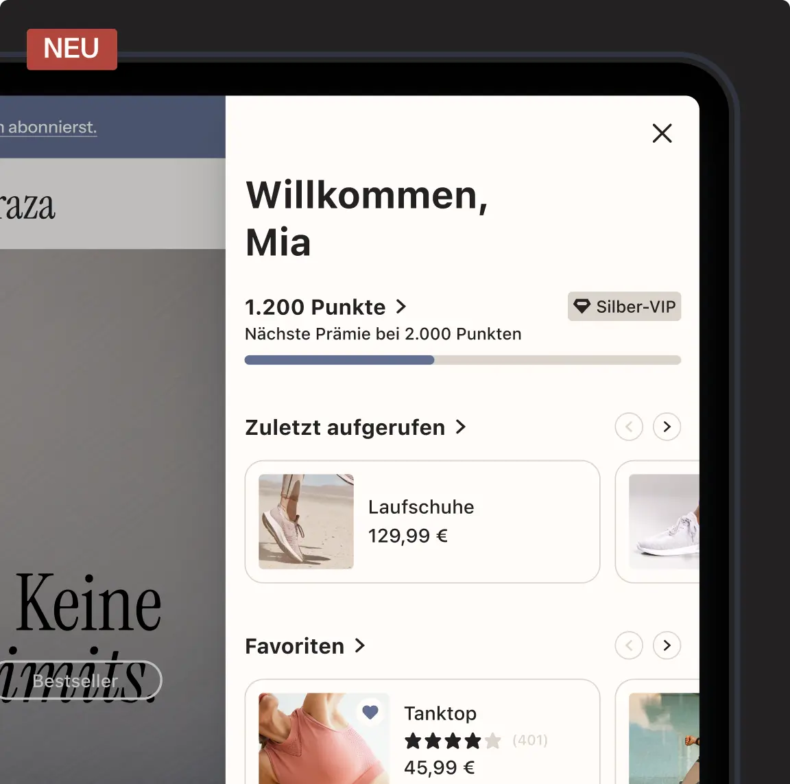 Benutzeroberfläche einer Shopping-App mit Begrüßung für Mia, Punktestand, VIP-Status und Produktvorschlägen wie Laufschuhe und Tanktop.