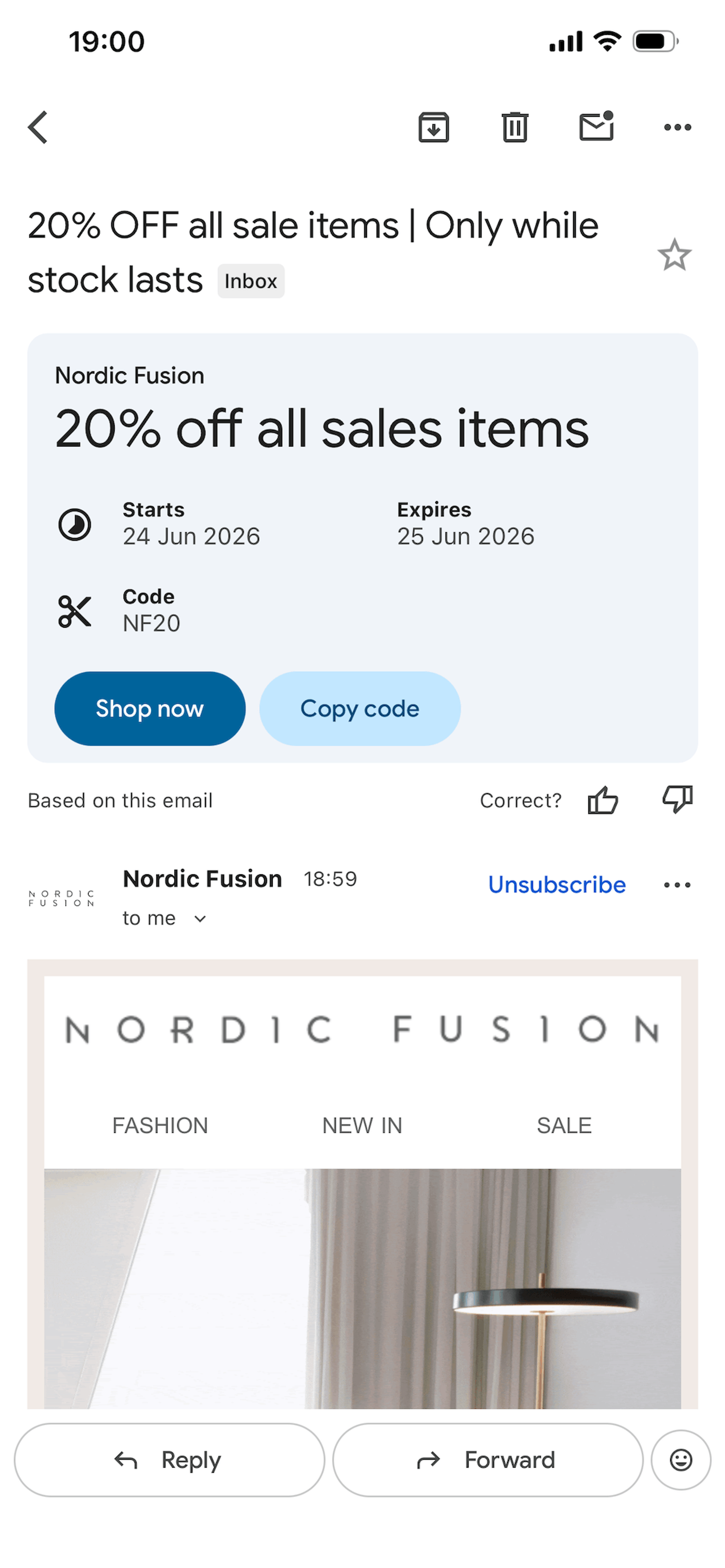 Screenshot of a mobile email from Nordic Fusion offering 20% off all sales items with code NF20, with buttons to shop now or copy code.