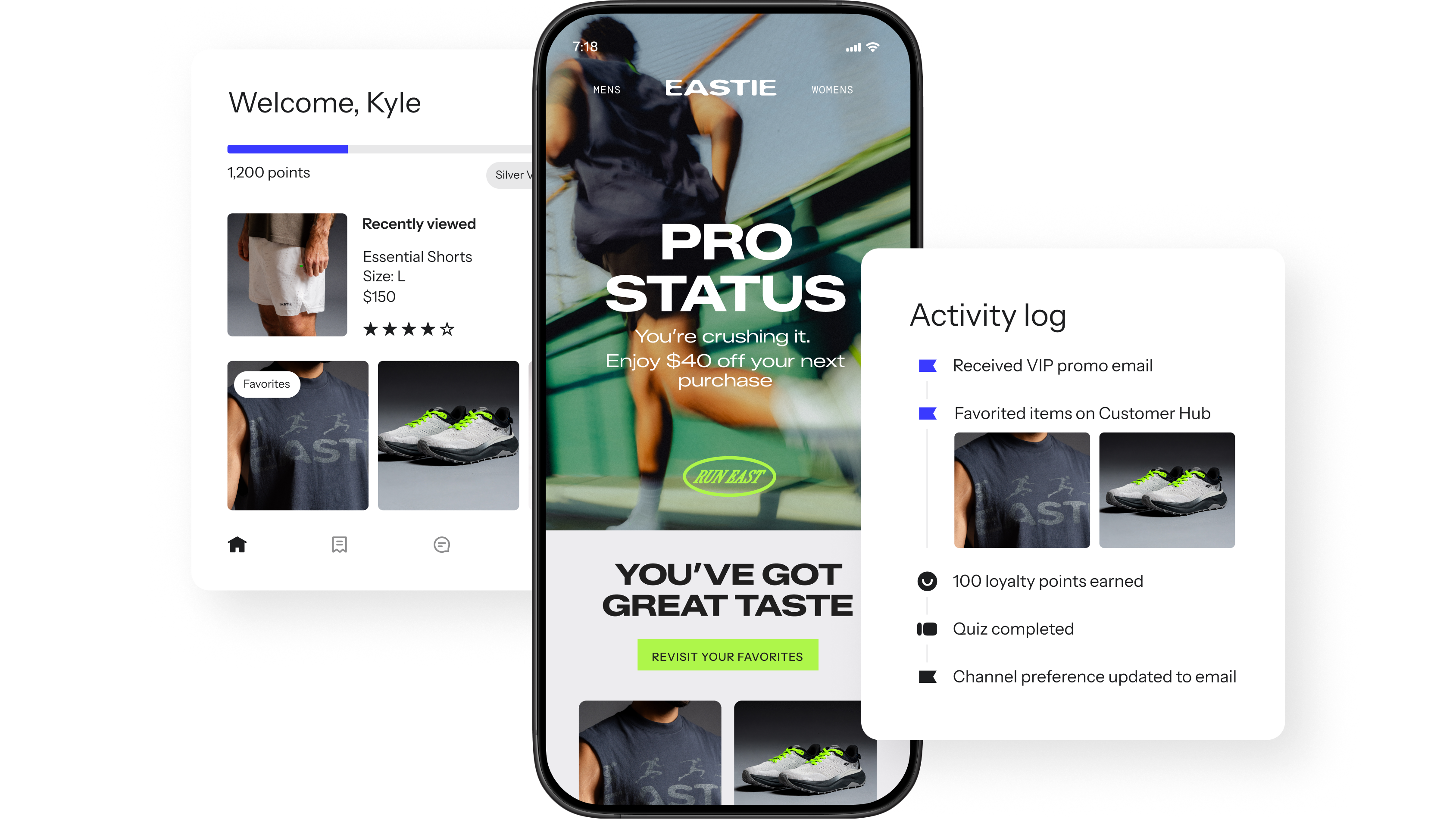 Mobile retail app screens showing loyalty status, recently viewed products, favorites, and an activity log.