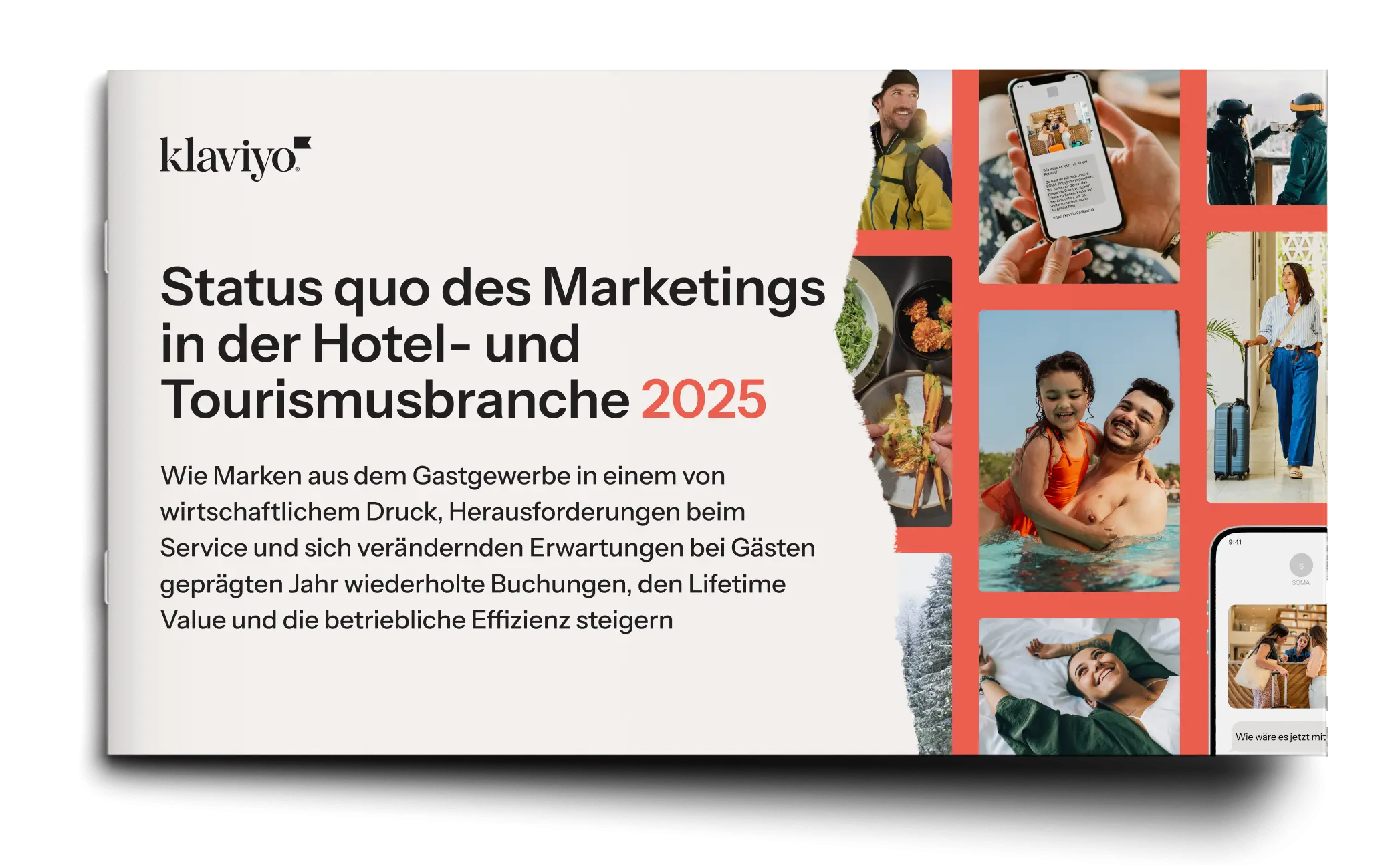 Klaviyo-Bericht über den Status quo des Marketings in der Hotel- und Tourismusbranche 2025, mit Bildern von Reisen und Freizeit.