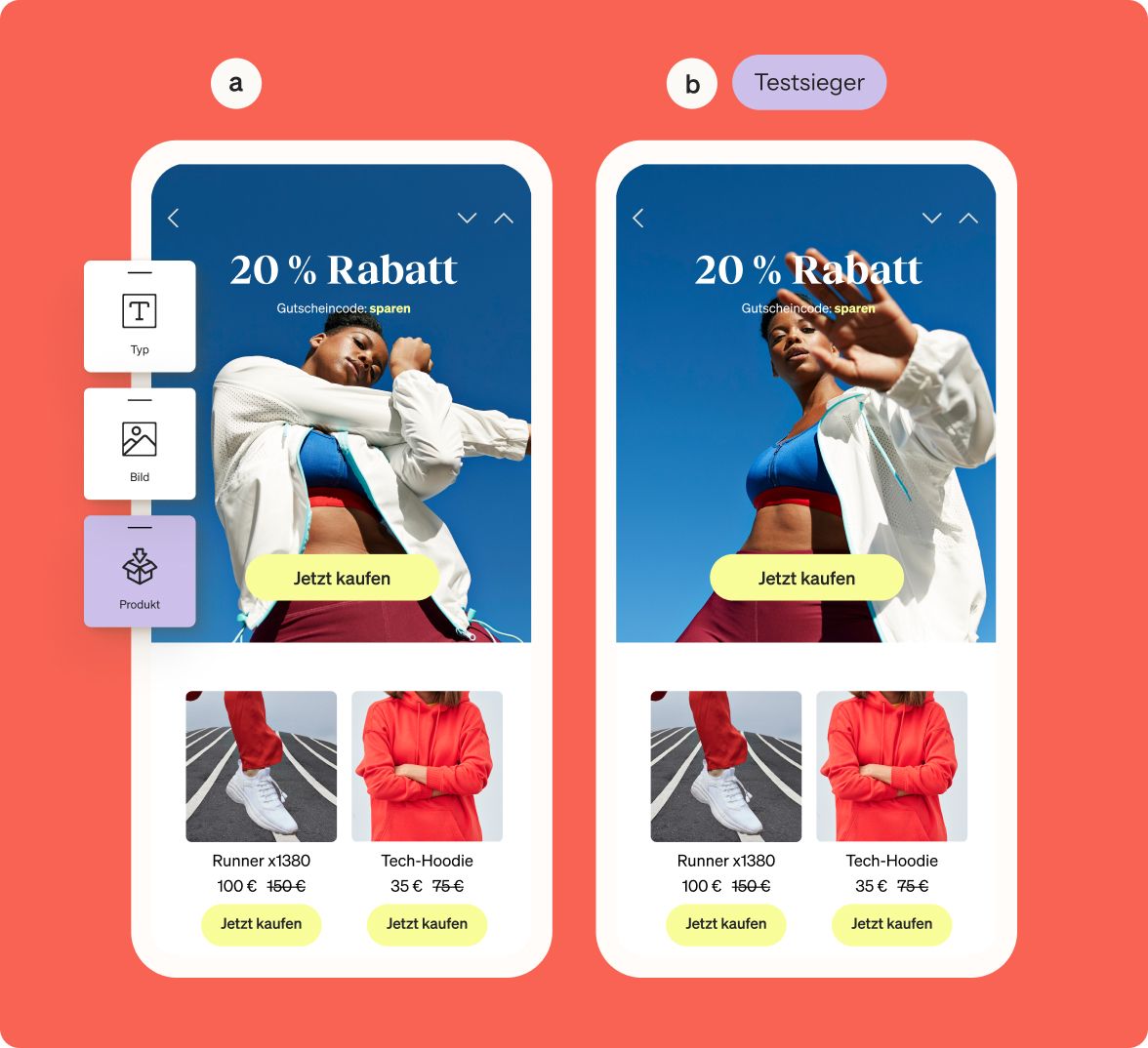 Comparison of two mobile app screens displaying product discounts: one with editing tools, the other with a "Test Winner" badge.