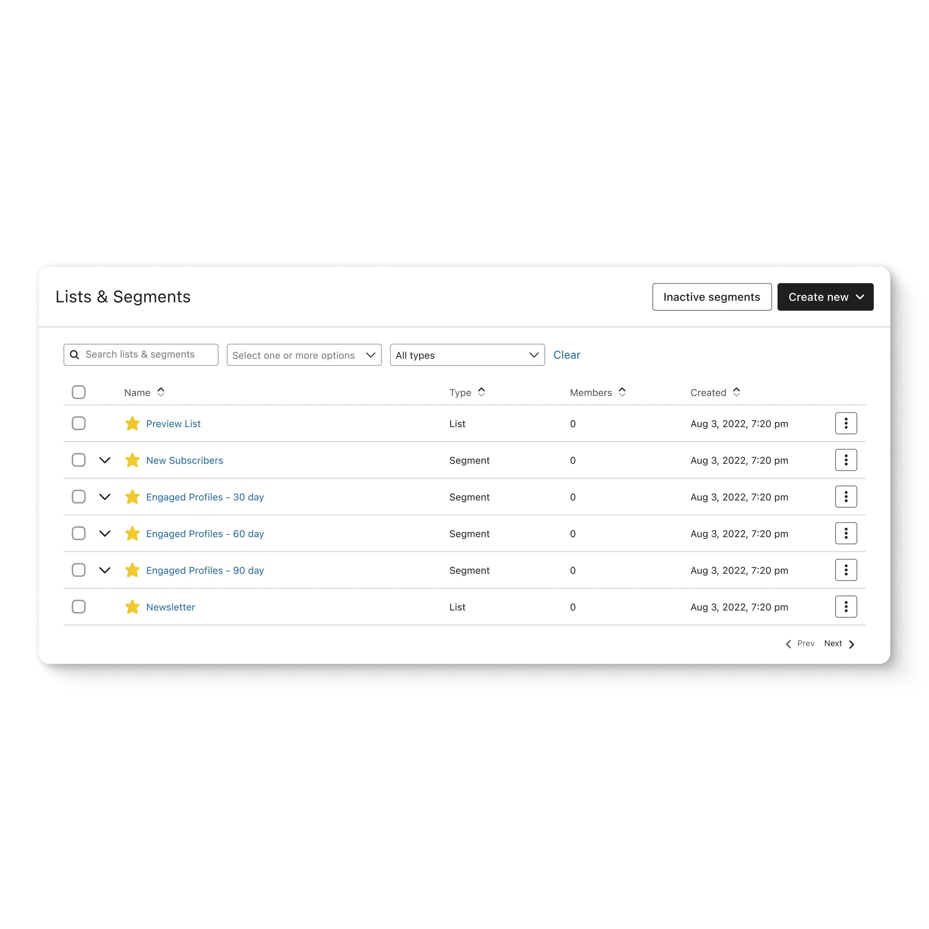 Lists & Segments screen in Klaviyo including a newsletter list, new subscribers segment, engaged profiles segment, and others.